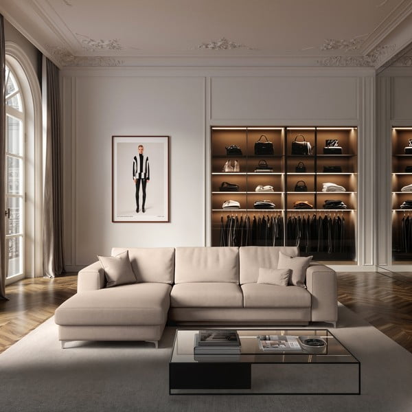 Béžová zamatová rozkladacia/s úložným priestorom rohová pohovka (ľavý roh/s leňoškou) Rene – Rodier-image-1