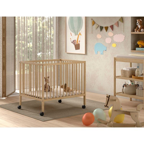 Detská ohrádka z bukového dreva s nastaviteľnou výškou/na kolieskach 95x75 cm v prírodnej farbe Dino – Vipack-image-1