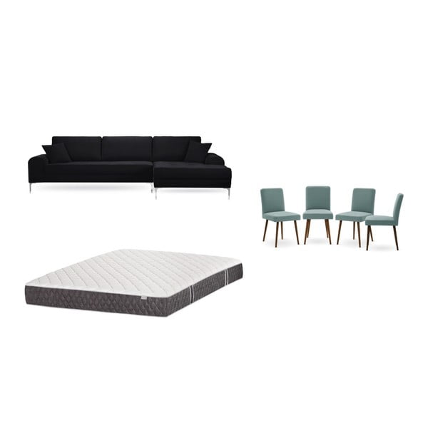Set čiernej pohovky s leňoškou vpravo, 4 sivozelených stoličiek a matraca 160 × 200 cm Home Essentials