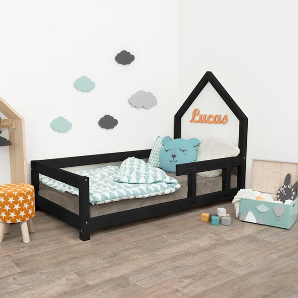 Čierna detská posteľ domček s pravou bočnicou Benlemi Poppi, 90 x 160 cm