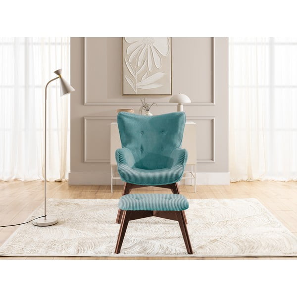 Tyrkysové menčestrové kreslo s podnožkou Niko – Ropez-image-1