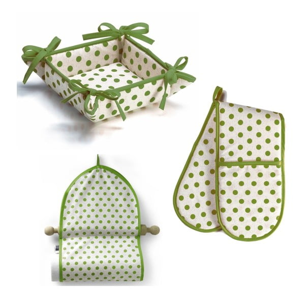 Zeleno-biely set košíčka na pečivo, závesného košíka a chňapky Kaleidos Lovely
