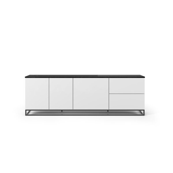 Matne biely televízny stolík s čiernou doskou v mramorovom dekore TemaHome Join, 200 × 65 cm