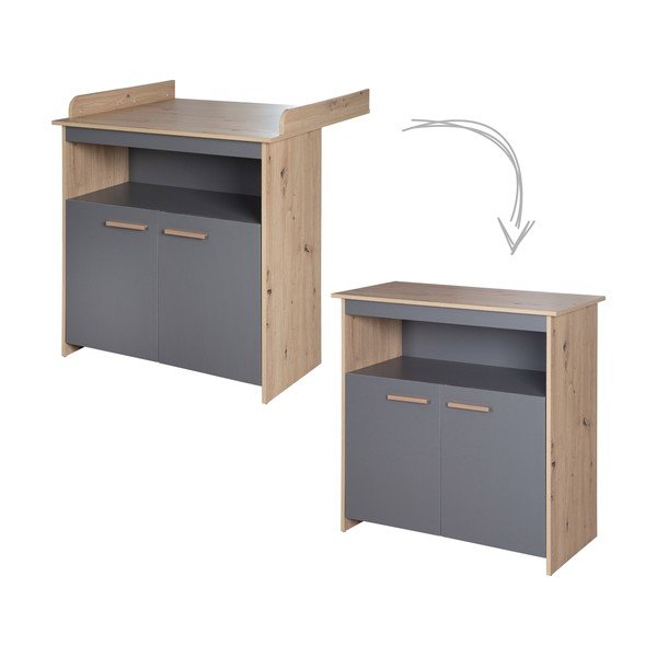 Detská komoda v antracitovej a prírodnej farbe v dekore duba s prebaľovacím pultom 88x98x75 cm Anna – Roba-image-2