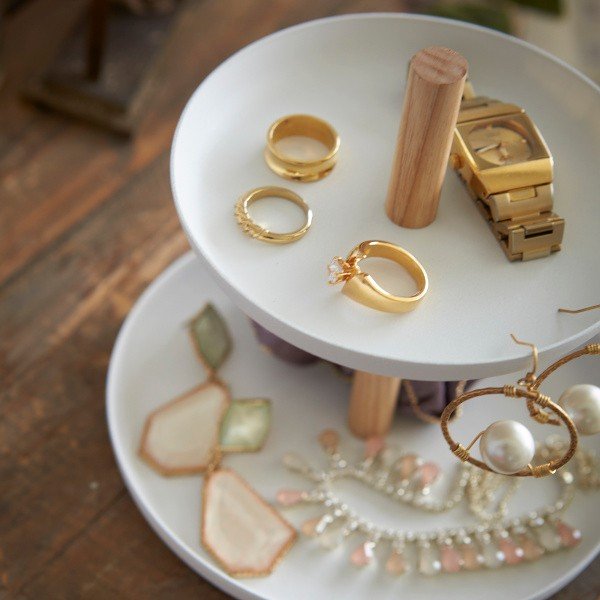 Biely stojan s 2 úložnými miskami a detailom z bukového dreva YAMAZAKI Tosca-image-2