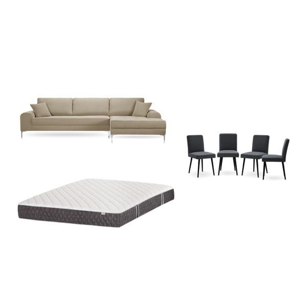 Set sivobéžovej pohovky s leňoškou vpravo, 4 antracitovosivých stoličiek a matraca 160 × 200 cm Home Essentials