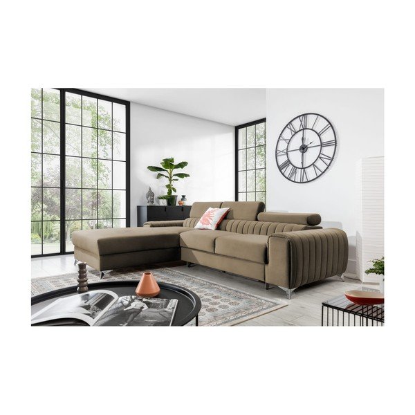 Svetlohnedá zamatová rozkladacia/s úložným priestorom rohová pohovka (ľavý roh/s leňoškou) Grayson – ELTAP-image-1