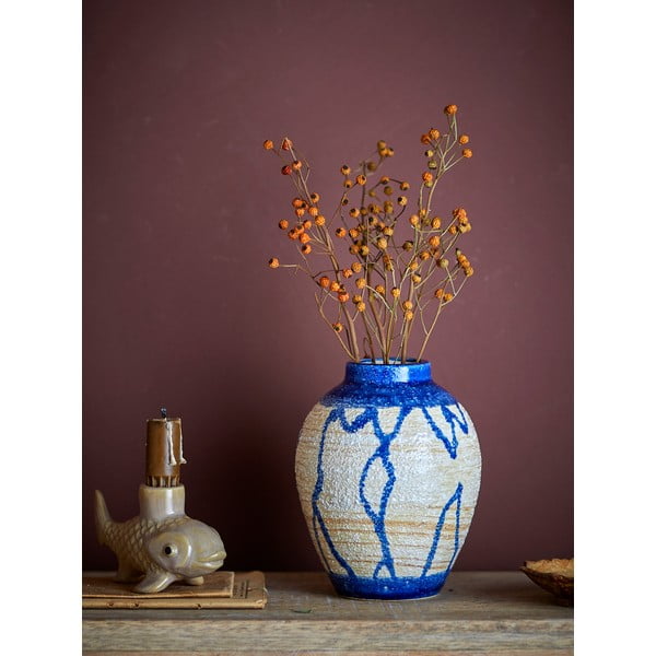 Modrá/krémová váza z kameniny (výška 16 cm) Avon – Bloomingville-image-1