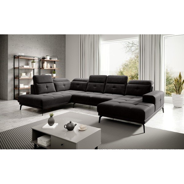 Čierna zamatová rohová pohovka (ľavý roh/do tvaru "U") Bretan – ELTAP-image-1