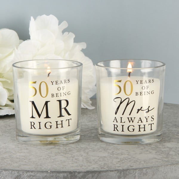 Sada 2 sviečok s vôňou bavlny k 50. výročiu Amore Mr. Right and Mrs. Always Right, 18 hodín horenia