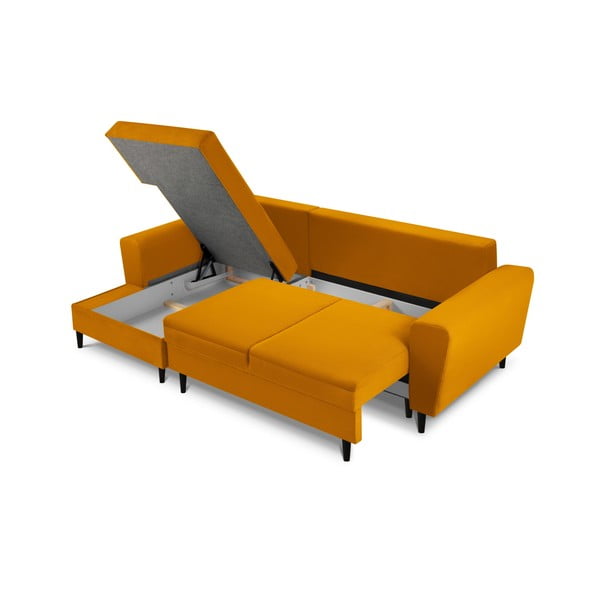 Menčestrová rozkladacia/s úložným priestorom rohová pohovka v horčicovej farbe (ľavý roh/s leňoškou) Kyoto – Cosmopolitan Design-image-3