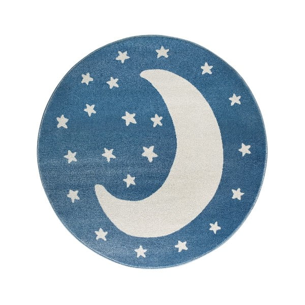 Modrý okrúhly koberec s motívom mesiaca KICOTI Blue Moon, 133 × 133 cm