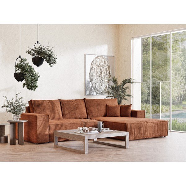 Ženilková rozkladacia/s úložným priestorom rohová pohovka v medenej farbe (pravý roh/s leňoškou) Maze – Maison de Rêve-image-1