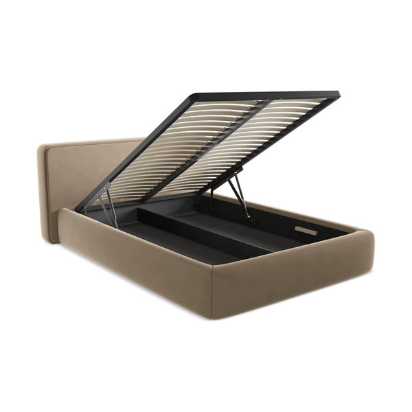 Svetlohnedá čalúnená dvojlôžková posteľ s úložným priestorom s roštom 160x200 cm Kiana – Makamii-image-3