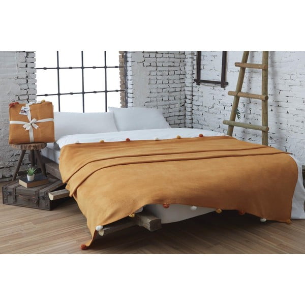 Fleecový pléd v horčicovej farbe 150x200 cm Pom Pom – Mijolnir-image-1