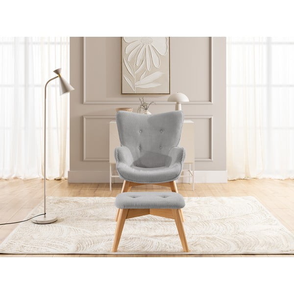 Sivé menčestrové kreslo s podnožkou Niko – Ropez-image-1