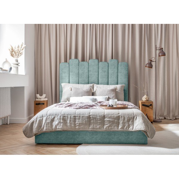 Tyrkysovomodrá čalúnená dvojlôžková posteľ s úložným priestorom s roštom 140x200 cm Dreamy Aurora – Miuform-image-3