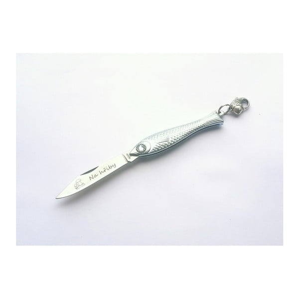 Český nožík rybička v striebornej farbe s modrým okom a nápisom Na hríby v dizajne od Alexandry Dětinskej