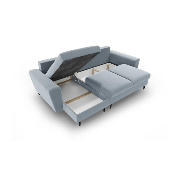 Svetlomodrá zamatová rozkladacia/s úložným priestorom rohová pohovka Kyoto – Cosmopolitan Design-image-3