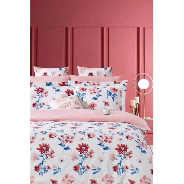Bielo-ružové predĺžené obliečky na dvojlôžko z bavlny Renforcé s plachtou/4-dielne 200x220 cm – Mila Home