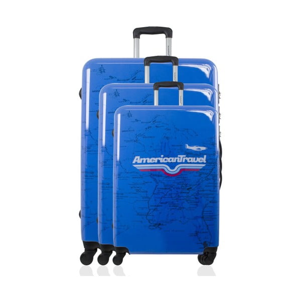 Sada 3 modrých cestovných kufrov na kolieskach American Travel