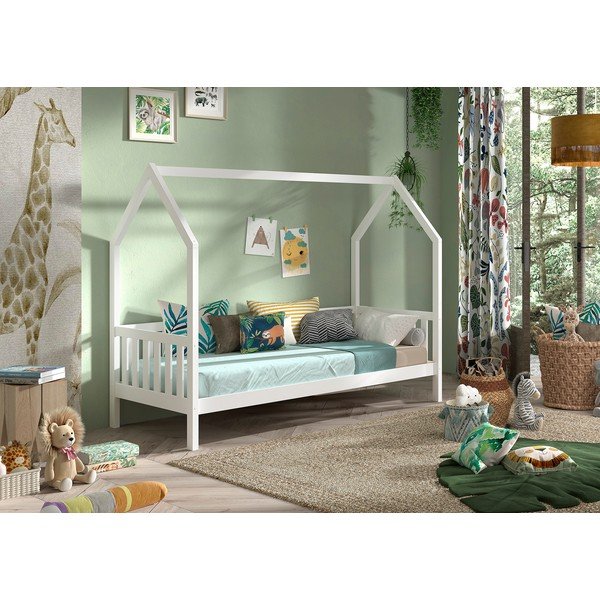 Biela domčeková detská posteľ z borovicového dreva s roštom 90x200 cm Cabane – Vipack-image-1