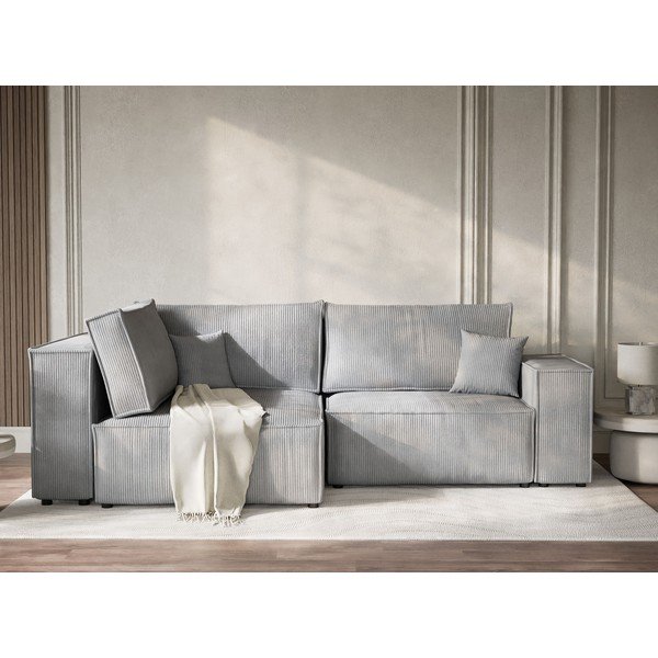 Sivá menčestrová rozkladacia/s úložným priestorom rohová pohovka (ľavý roh/do L) Tonga – Maison de Rêve-image-1