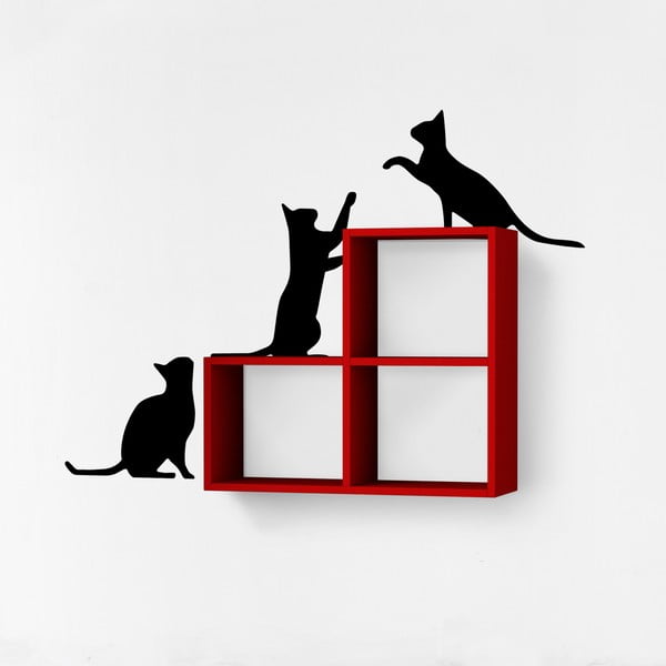Červeno-čierna nástenná polica so samolepiacou dekoráciou Cats