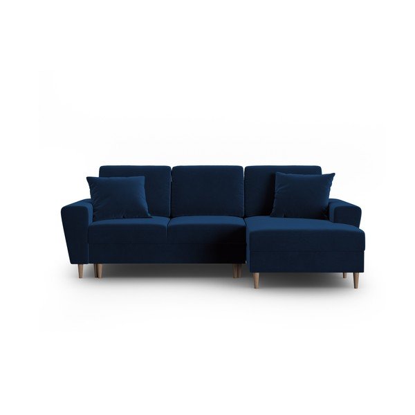 Modrá zamatová rozkladacia/s úložným priestorom rohová pohovka (pravý roh/s leňoškou) Kyoto – Cosmopolitan Design