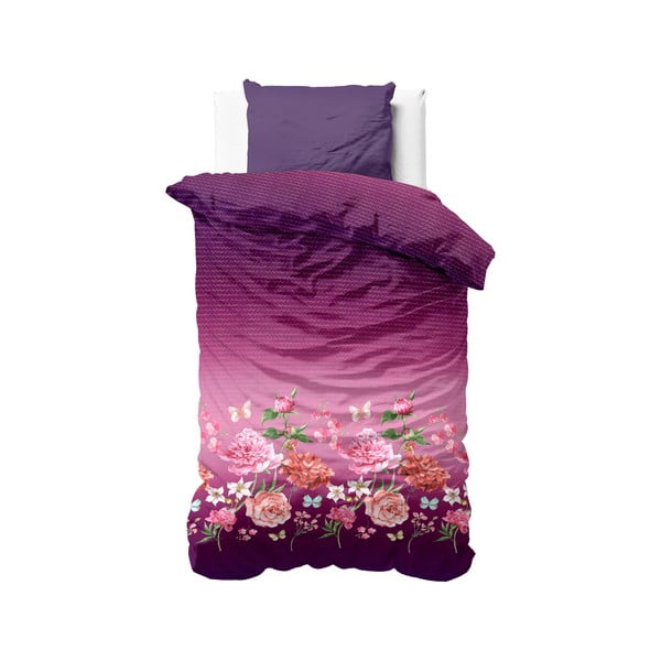 Fialové obliečky na jednolôžko z bavlny Sleeptime Bright Flowers, 140 × 200 cm