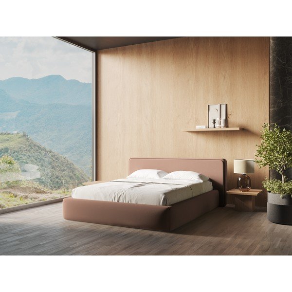 Svetloružová čalúnená dvojlôžková posteľ s úložným priestorom s roštom 160x200 cm Kiana – Makamii-image-1