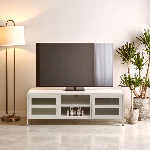 Biely oceľový TV stolík 150x50x45 cm Acier – Premier Housewares-image-1