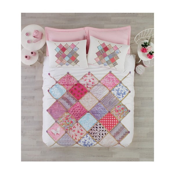 Ružové bavlnené obliečky s plachtou na dvojlôžko Natali, 200 × 220 cm