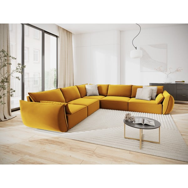 Zamatová rohová pohovka v horčicovej farbe Vanda – Mazzini Sofas-image-1