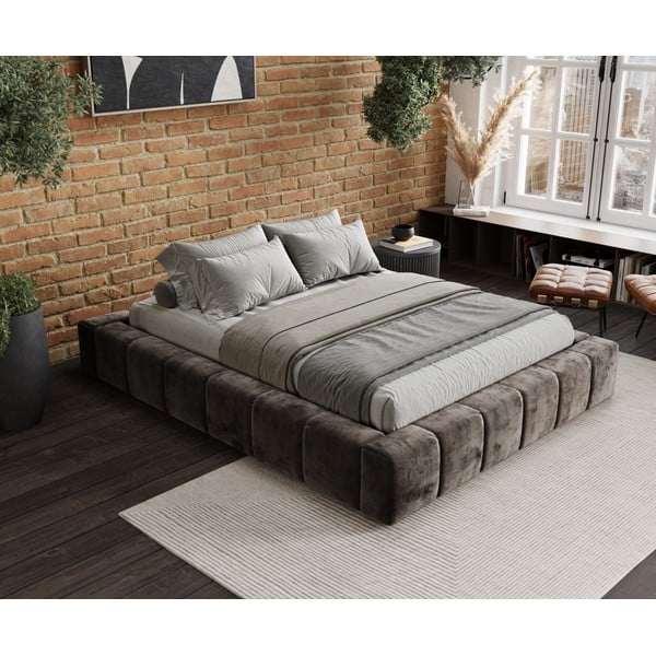 Hnedá čalúnená dvojlôžková posteľ s úložným priestorom s roštom 160x200 cm Aruba L – Maison de Rêve-image-1