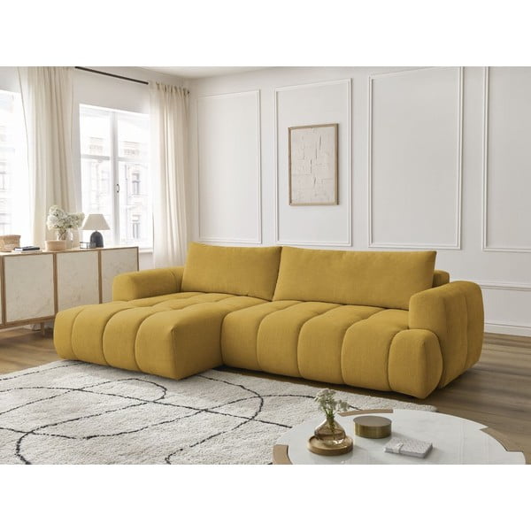 Rozkladacia/s úložným priestorom rohová pohovka v horčicovej farbe (ľavý roh/s leňoškou) Fuji – Bobochic Paris-image-1