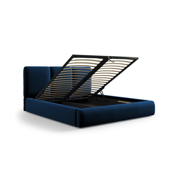 Tmavomodrá zamatová čalúnená dvojlôžková posteľ s úložným priestorom s roštom 160x200 cm Brody – Mazzini Beds-image-3