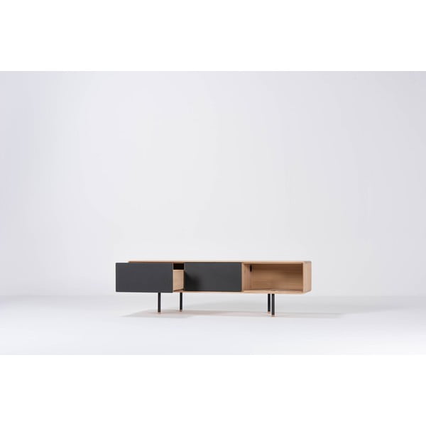 TV stolík z dubového dreva v čierno-prírodnej farbe 160x48 cm Fina – Gazzda-image-1