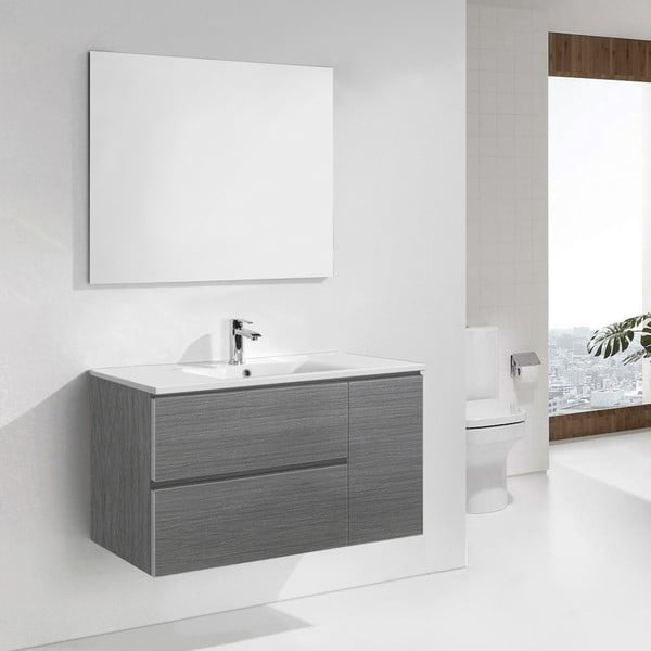 Kúpeľňová skrinka s umývadlom a zrkadlom Happy, odtieň sivej, 100 cm