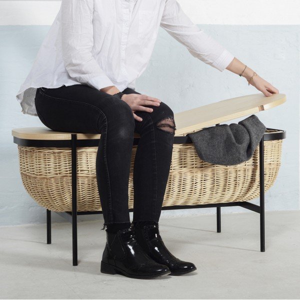 Prútená lavica s čiernou konštrukciou a úložným priestorom OK Design Willow-image-2