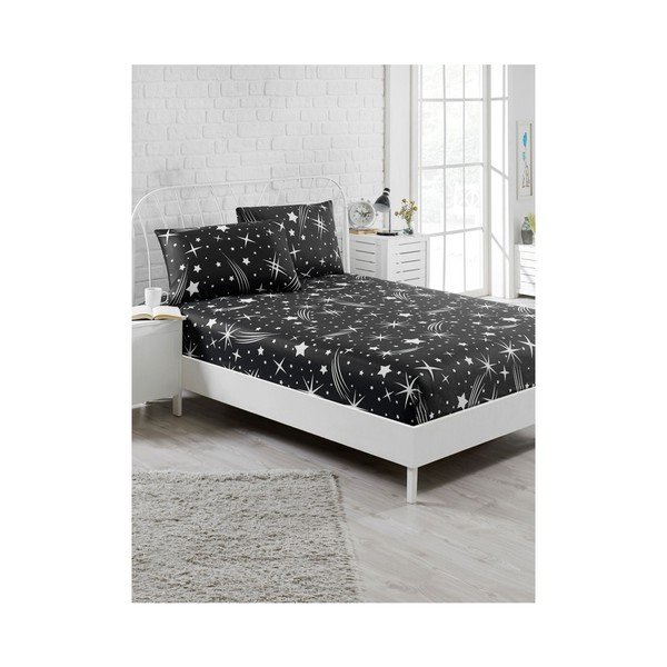 Set čiernej elastickej plachty a obliečky na vankúš na jednolôžko Starry Night, 100 × 200 cm