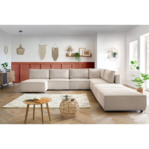 Krémovobiela menčestrová rohová pohovka (do tvaru "U"/variabilná) Nihad modular – Bobochic Paris-image-1