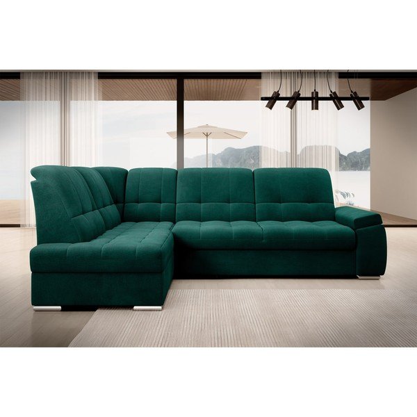 Zelená zamatová rozkladacia/s úložným priestorom rohová pohovka (ľavý roh/do L) Sado – ELTAP-image-3