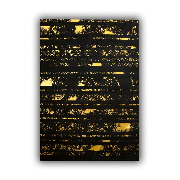 Čierny kožený behúň s detailmi v zlatej farbe Pipsa Stripes, 200 × 70 cm