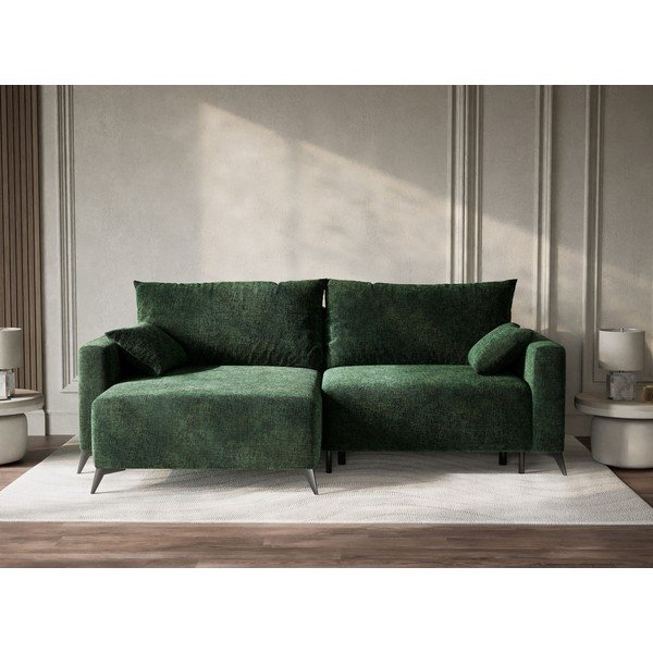 Tmavozelená ženilková rozkladacia/s úložným priestorom rohová pohovka (ľavý roh/s leňoškou) Leon – Maison de Rêve-image-1