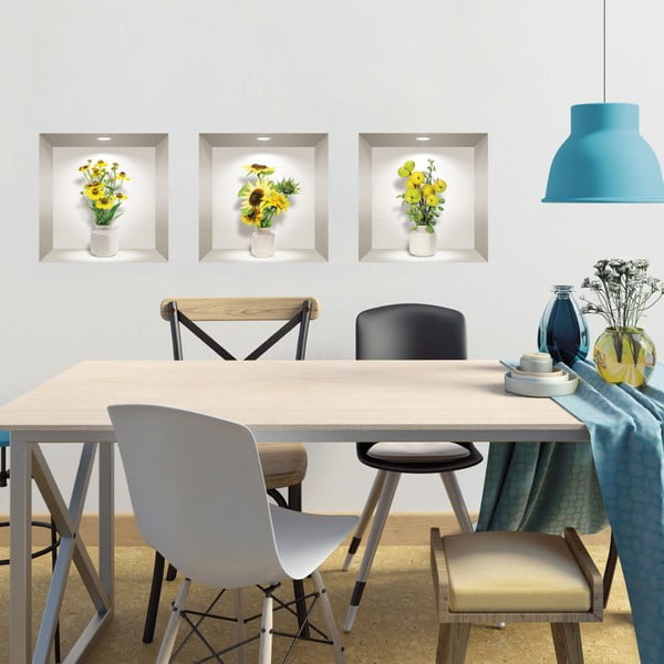 Sada 3 3D samolepiek na stenu Ambiance Yellow Flowers-image-1
