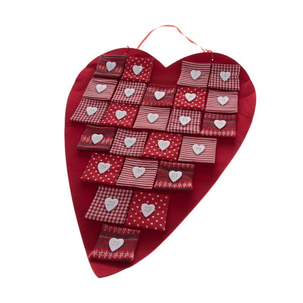 Červený textilný adventný kalendár v tvare srdca Dakls, dĺžka 68 cm