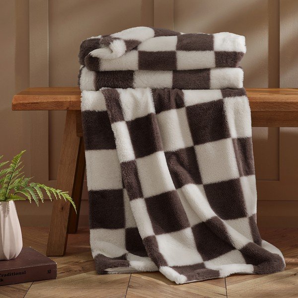 Biela/tmavohnedá deka 130x170 cm Cosy Soft Checkerboard – Catherine Lansfield-image-2