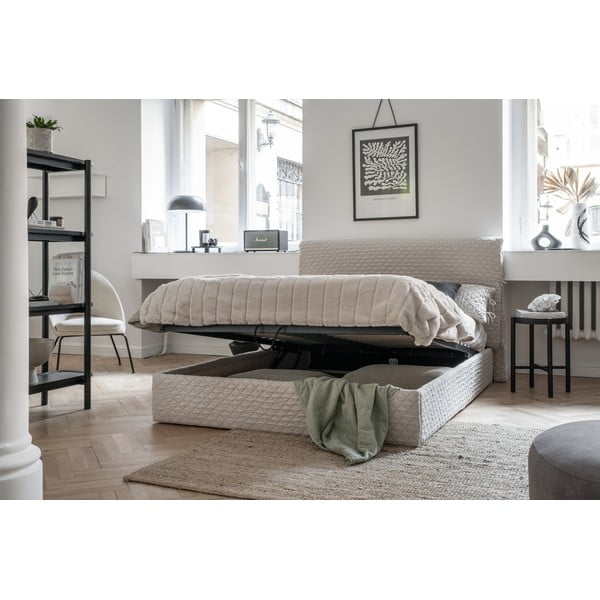 Béžová čalúnená dvojlôžková posteľ s úložným priestorom s roštom 160x200 cm Sleepy Luna – Miuform-image-1