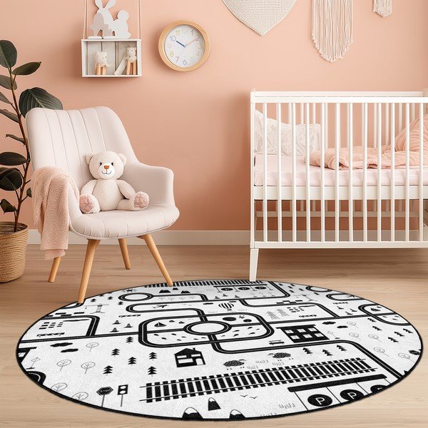 Čierno-biely prateľný detský hrací koberec ø100 cm In My Town – Mila Home-image-4